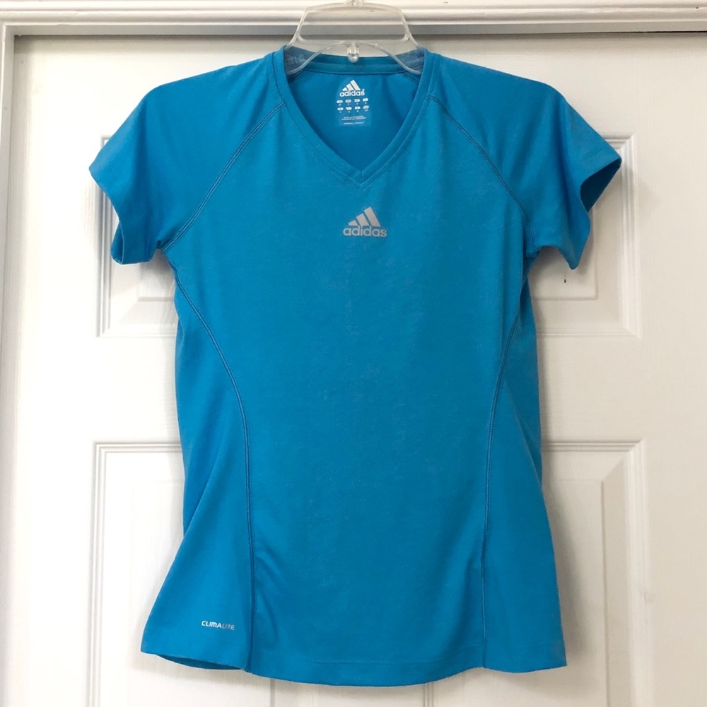 Adidas V-Neck ClimaLite Athletic Blue Logo Shirt